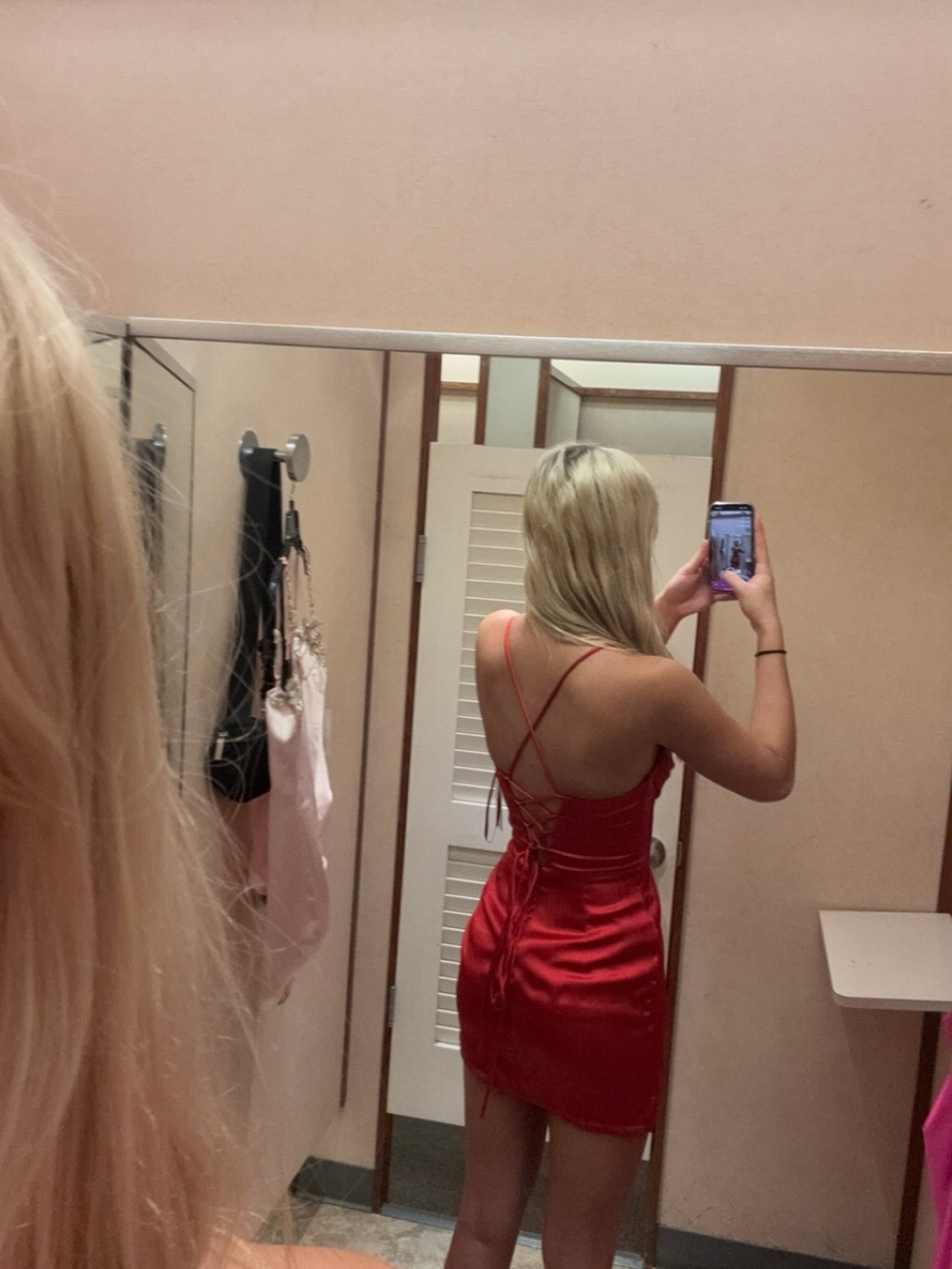 Red Satin Strapless Mini Dress with Draped Skirt - Women's Party Dress - Picture 3 of 3